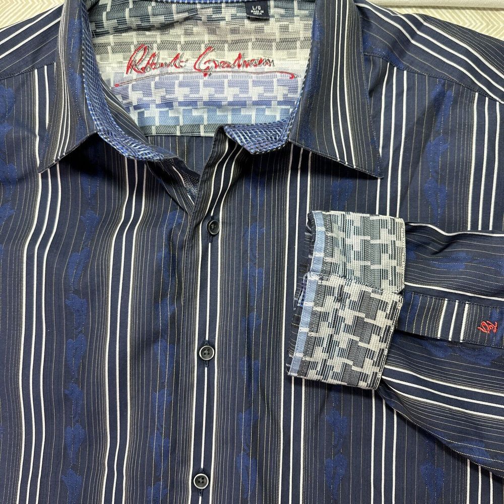 Robert Graham Shirt Men's L Blue Striped Flip Cuff Button Up Casual Long Sleeve